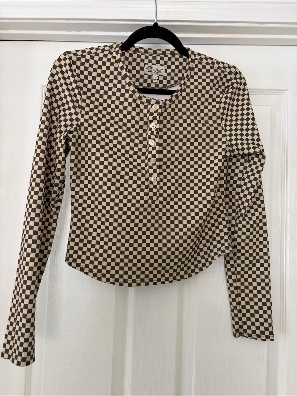 The Great. Swim Rashguard Checkerboard Henley Long Sleeve Top